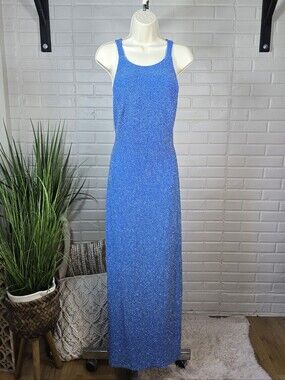 Vintage 90s Jump Sparkle Blue Maxi Dress Sleeveless Evening Gown Womens Medium
